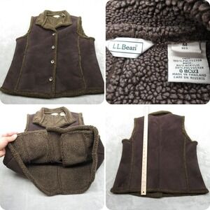 LL Bean Vest Womens‎ Medium Brown Sherpa Fleece Lined Trim Button Front Outdoor